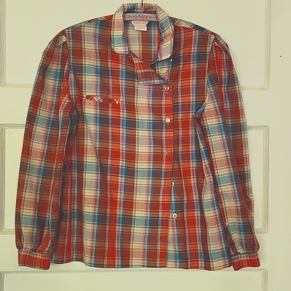 Womens Vintage 70s Cos Cob Plaid Asymmetric Button Front Pleat Shoulder Blouse
